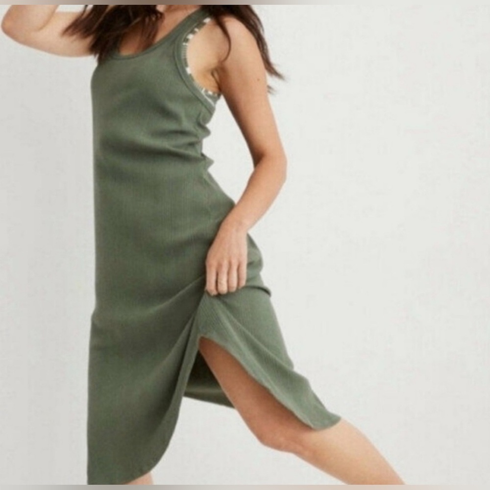 Aerie Women’s Racerback Tank Dress Olive‎ Ribbed Knit Sleeveless size Small